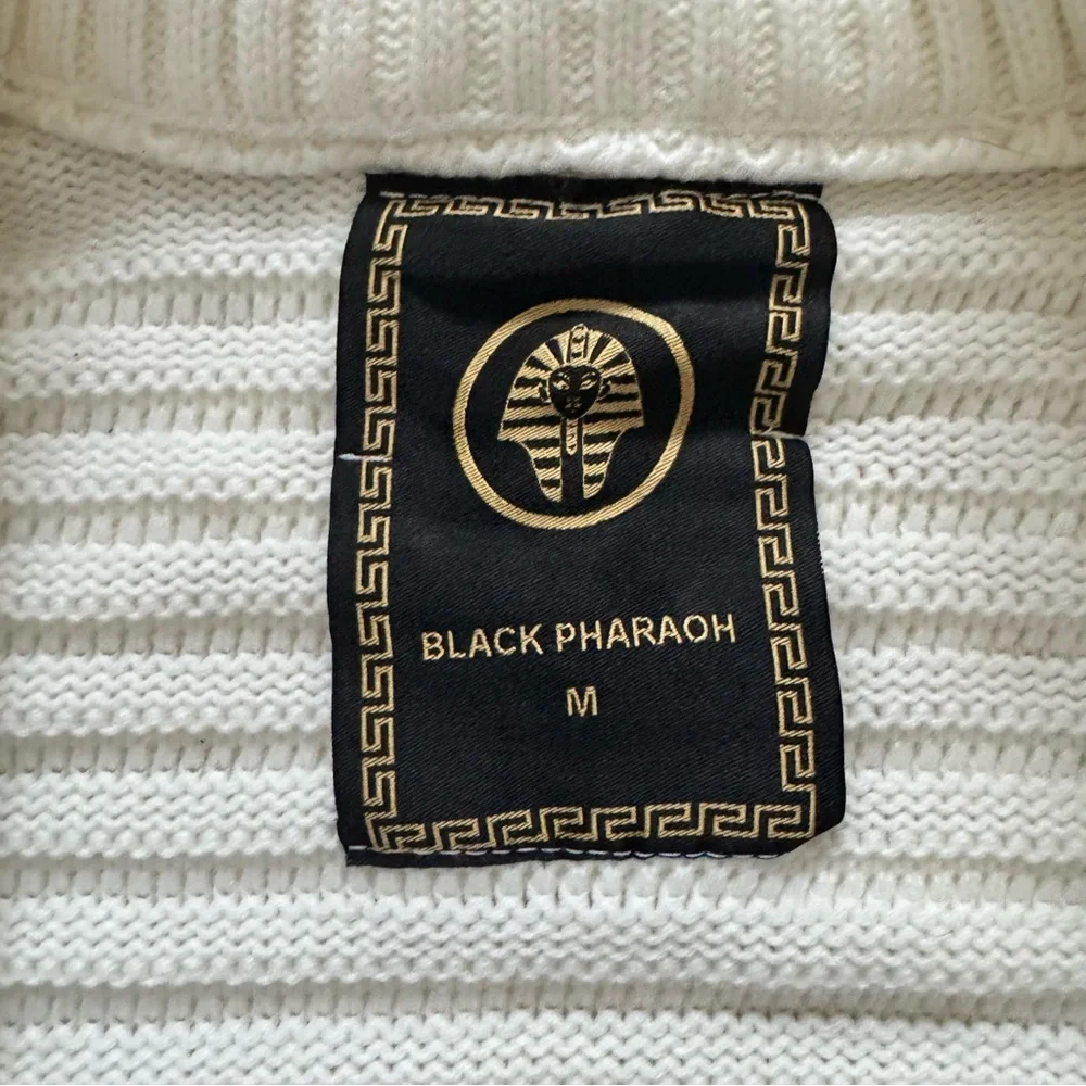 Black Pharaoh men’s heavy knit white black zip wool toggle hoodie sweater Sz M